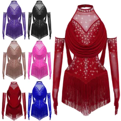 Yeahdor Crianças Meninas Traje De Dança Latina Ruched Malha Cortinas Recorte Borla Strass Brilhantes Collant Com 1 Par L