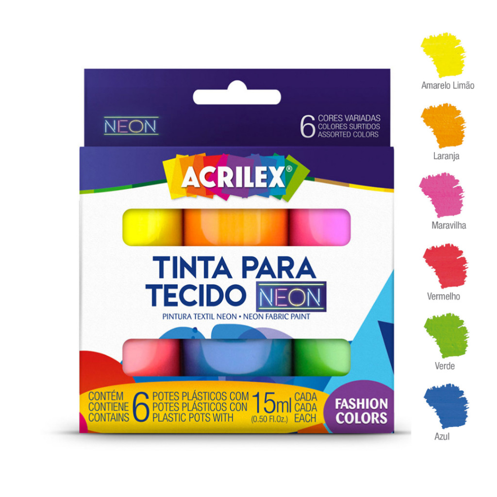 Kit Tinta Para Tecido Neon 6 Cores 15ml - Acrilex em Oferta na Shopee