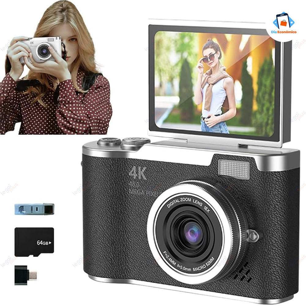 Câmera Digital 4K com Tela Flip 180° Ideal para Selfies Zoom 8x CCD 48MP Compacta Estudantil em Oferta na Shopee
