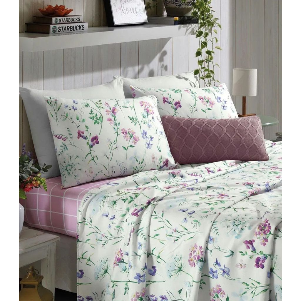 Detalhes do Jogo De Cama Casal Floral 200 Fios Lar e Lazer Bege