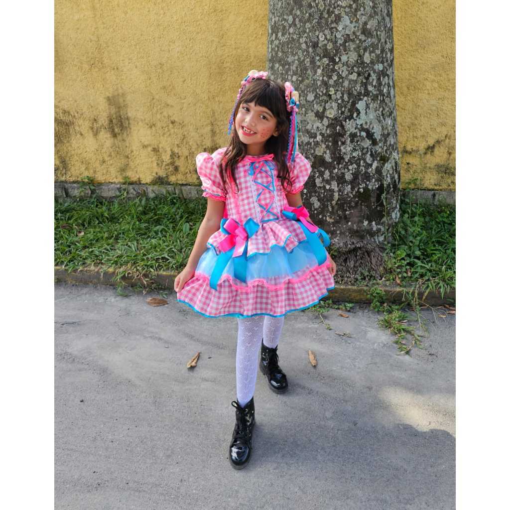 Vestido Caipira Rosa Luxo - Junina infantil são joão