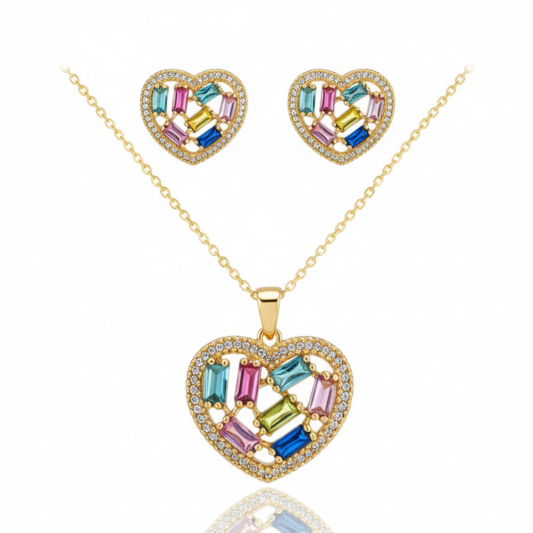 Conjunto de Colar e Brincos em Formato Coração Baguete Pavê Zircônia | Feminino | Banhado Ouro 18K | Antialérgico