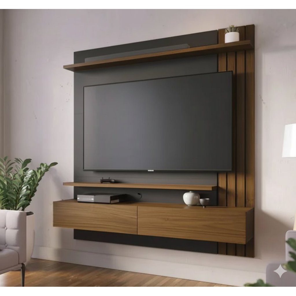 Painel para TV até 65 Polegadas 150cmx162cm Portas Basculantes 2 Prateleiras Juriti Marrom Noce Milano/Preto Fosco Noce
