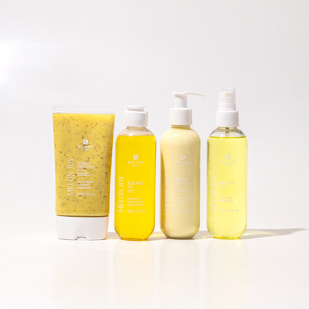 Kit Esfoliante, Gel de Banho, Hidratante e Body Splash Melão