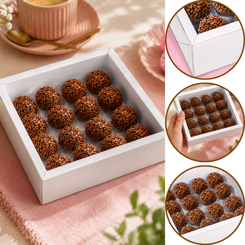 10~20 CAIXA P/ 16 DOCES ALTA C/ MOLDURA BRANCA 4635 (IDEIA) CHOCO