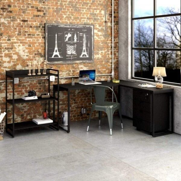 Conjunto 3 Peças com Mesa para Escritório em L, Estante e Gaveteiro Espresso Móveis Industrial Preta Onix/Preto