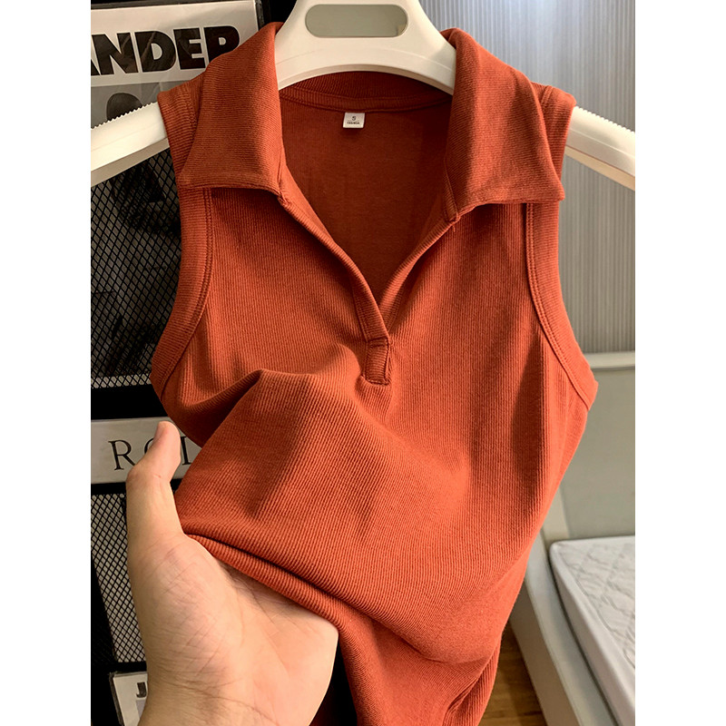 Retro estilo Hong Kong chique camisa polo vermelha com decote em v pequeno colete feminino verão novo estilo quente meni