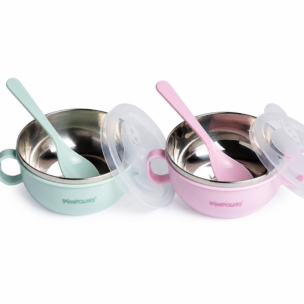 Tigela com Colher e Tampa em Inox 300ml Pimpolho Tigela Infantil com Colher