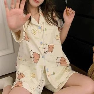 Coreano Bonito Dos Desenhos Animados Bubu Algodão Como Conjunto De Pijama Verão Manga Curta Shorts Doce Homewear