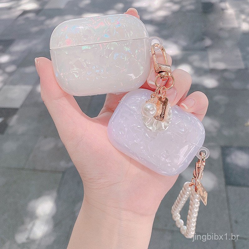Capa protetora para AirPods 3 com padrão de concha e corrente de pérolas, adequada para capa protetora de fone de ouvido