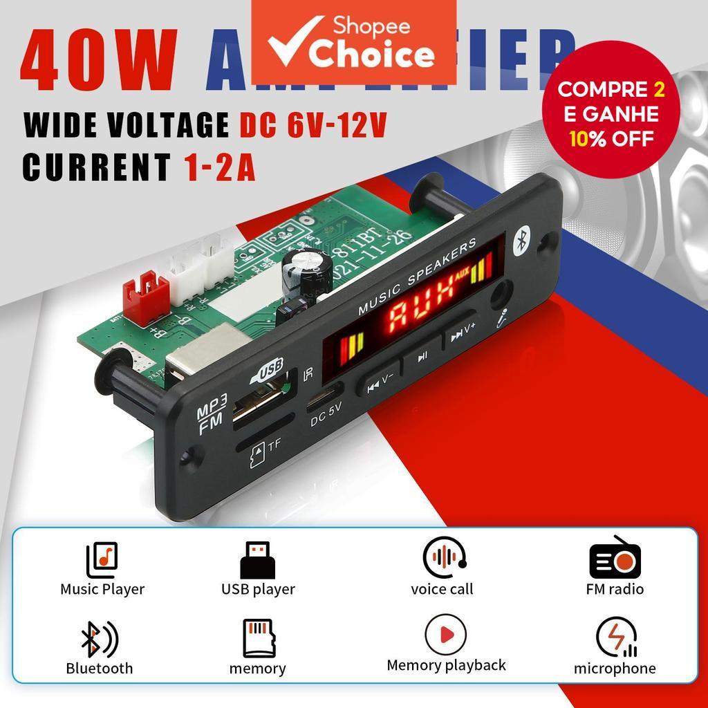 Placa Decodificadora MP3 Amplificadora 40W DC 12V 18V Bluetooth 5.0 Car FM Rádio