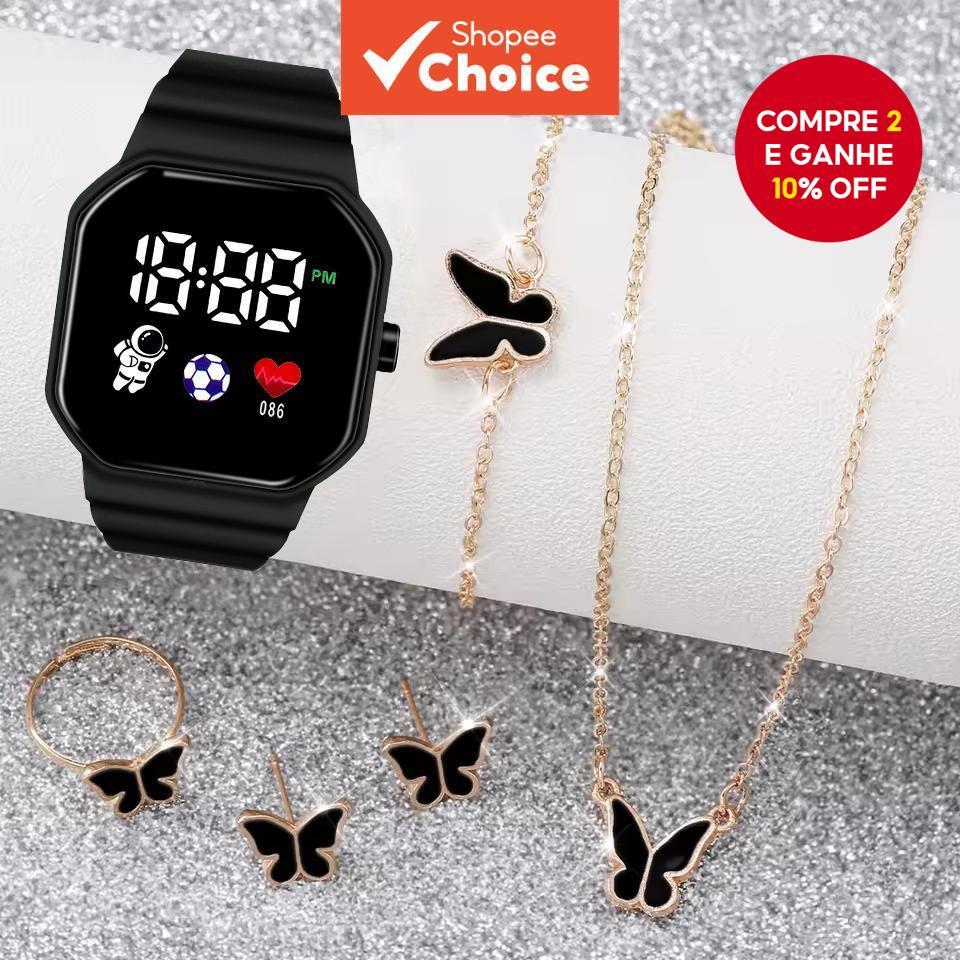 Conjunto De Relógio Digital Feminino Elegante De 6 Peças-Pulseira De Silicone Com Tela LED , E Colar Borboleta