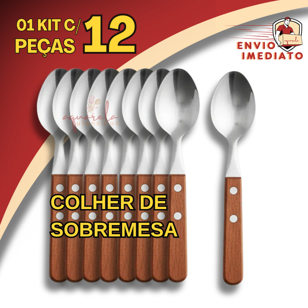 Jogo 12 Colher de Sobremesa Inox Com Cabo Em Madeira Rústico Temático Restaurante Kit Dúzia