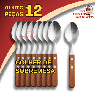 Jogo 12 Colher de Sobremesa Inox Com Cabo Em Madeira Rústico Temático Restaurante Kit Dúzia em Oferta na Shopee