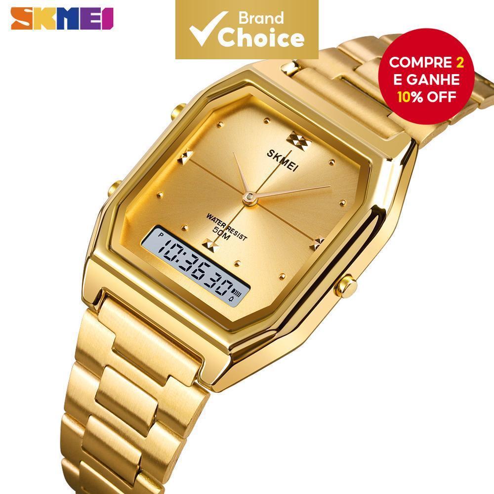  SKMEI 1612 3 Tempo Relógio de Pulso Masculino Feminino com Cronômetro Digital em Aço Inoxidável à Prova d'Água Fino