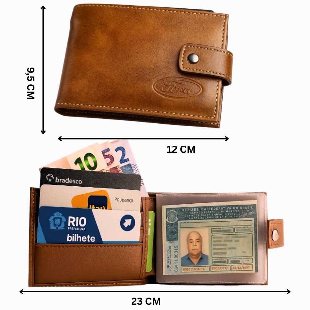 Carteira Couro Ecológico Fish Fecho Pressão Notas CNH RG