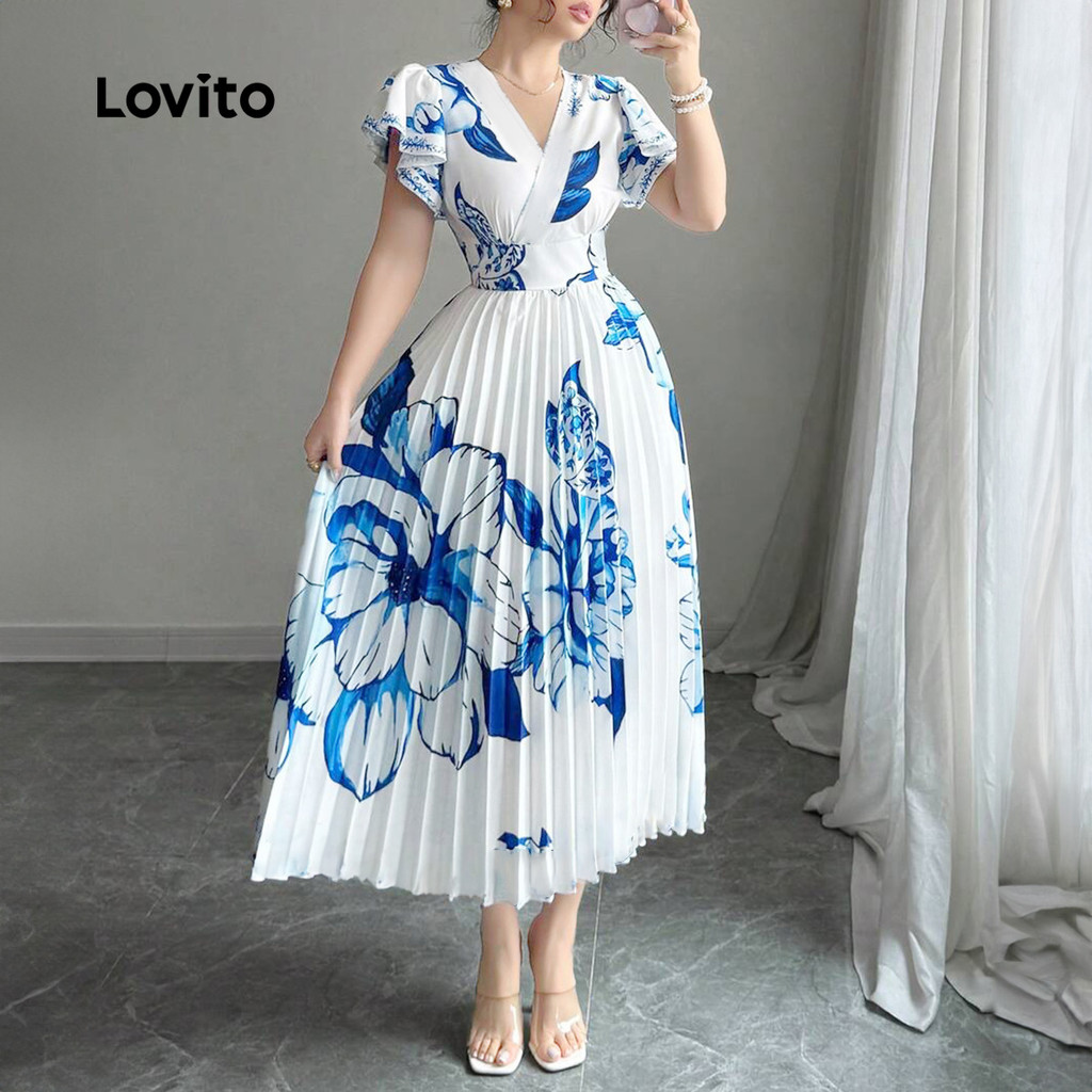 Lovito Vestido Boho Plissado Vestido Azul Primavera/verão para Mulheres LBL31102