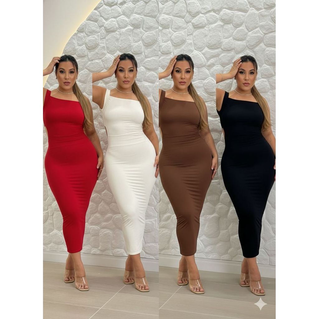 Vestido midi com tecido poliamida, costa nua e 4 variações de cores