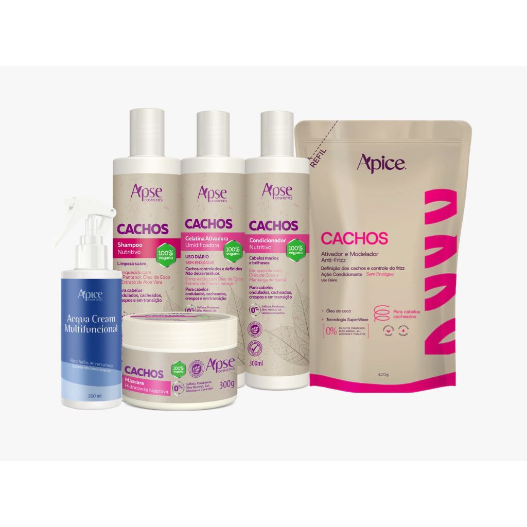 Kit Shamp, cond, Gelatina, Máscara, Acqua e Refil ativador cachos Apice
