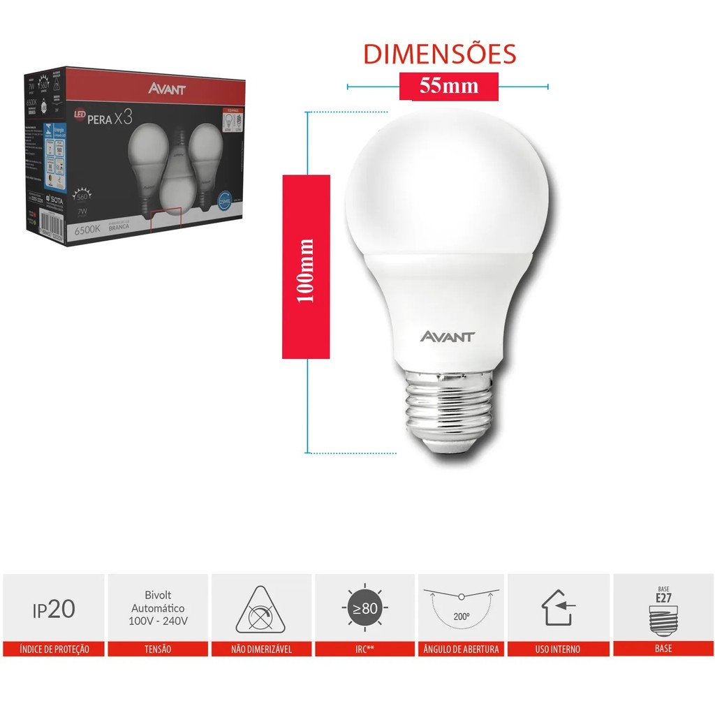 Detalhes do Pack 3 Lâmpada Pera Bivolt Branco 15w 6500K Base E27 Avant
