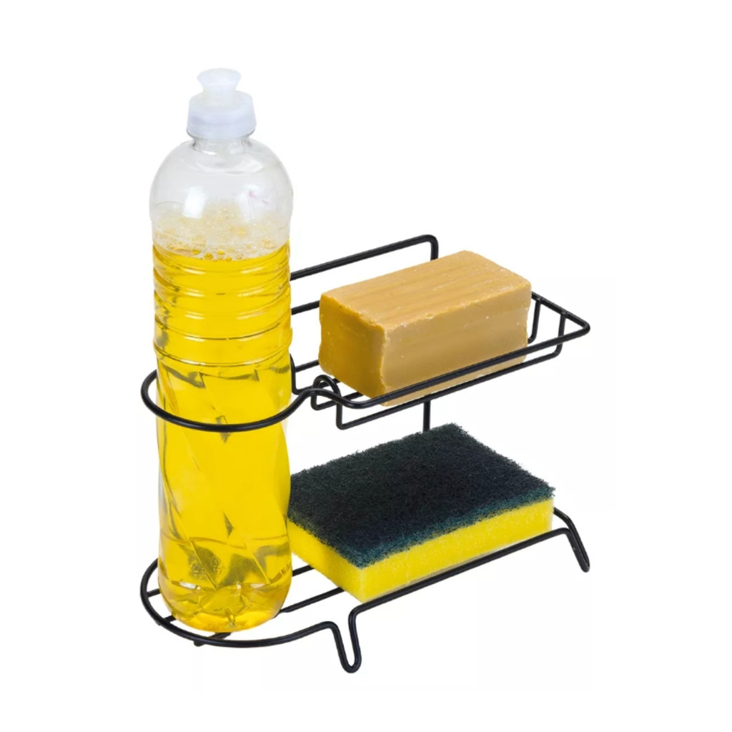 Suporte Para Porta Detergente De Aramado Esponja Sabão Resistente e Organizador Pia Cor Preto Arthi