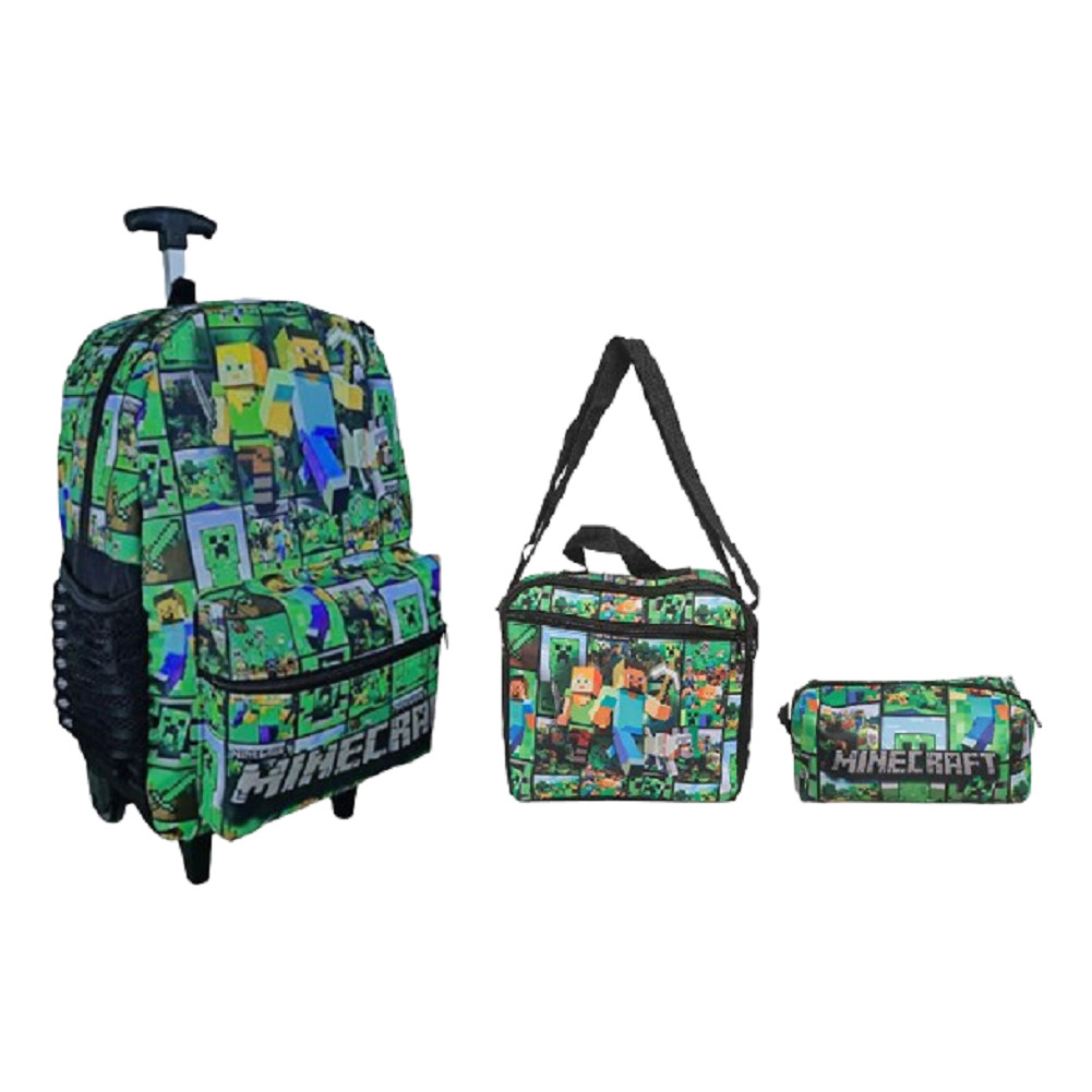Kit Mochila Minecraft Bolsa Escolar Infantil Rodinhas Aulas