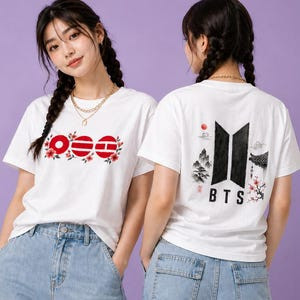 Camiseta Oversized Masculina Feminina BTS OEE Floral Dupla Face, Camiseta Kpop Streetwear com Logotipo BTS e Estampas