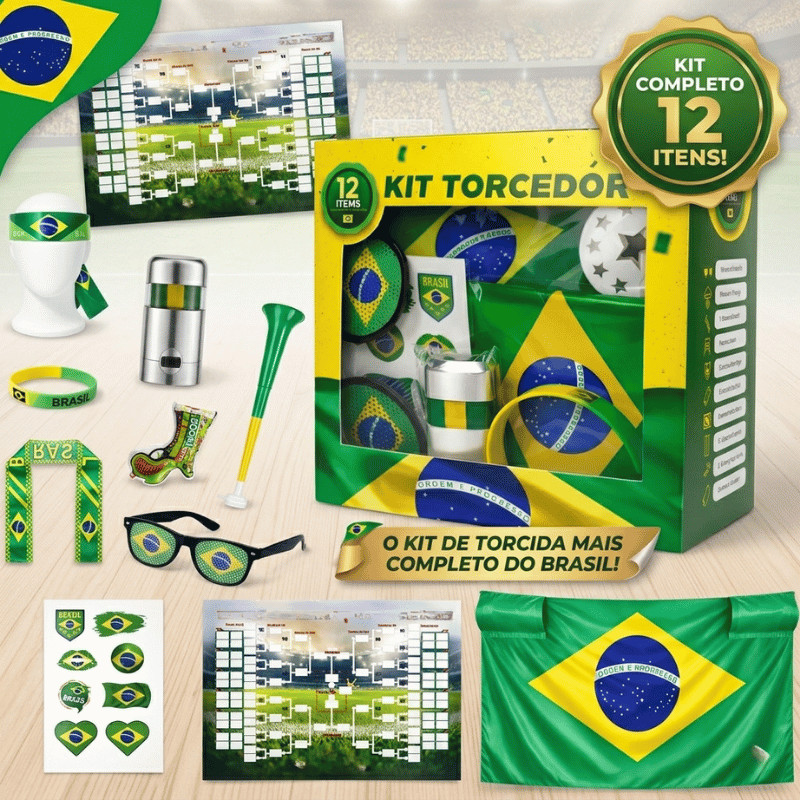 Bandeira do Brasil Kit Torcida Copa 12 peças Torcedor Brasileiro Vuvuzela Adesivo Tinta Facial