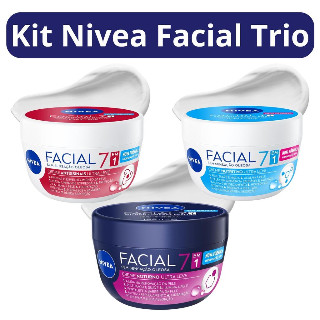 Kit Nivea Facial 7 em 1 Antissinais Nutritivo Creme Noturno Hidratação Facial Completa