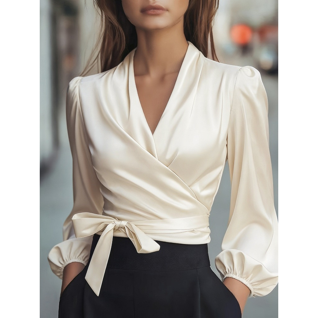 Elegante camisa e blusa feminina de cetim branco com mangas compridas, camisa feminina sexy com decote em V para escritó