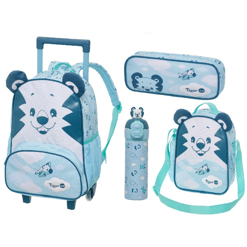 Kit Mochila Rodinhas Lancheira Garrafa Térmica Estojo Tigor T Tigre Happy Pilot Pacific