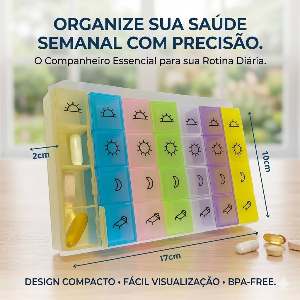 Porta Comprimidos Semanal 28 divisórias - Organizador de Remédio, Medicamento e Suplemento