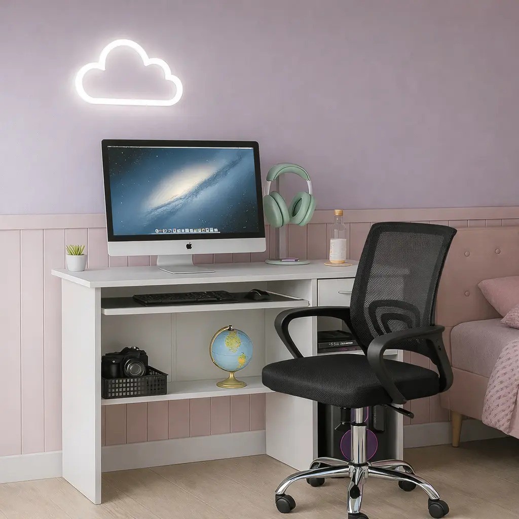 Kit Mesa Para Escritório Com Suporte Teclado + Cadeira Diretor Detroit Preta