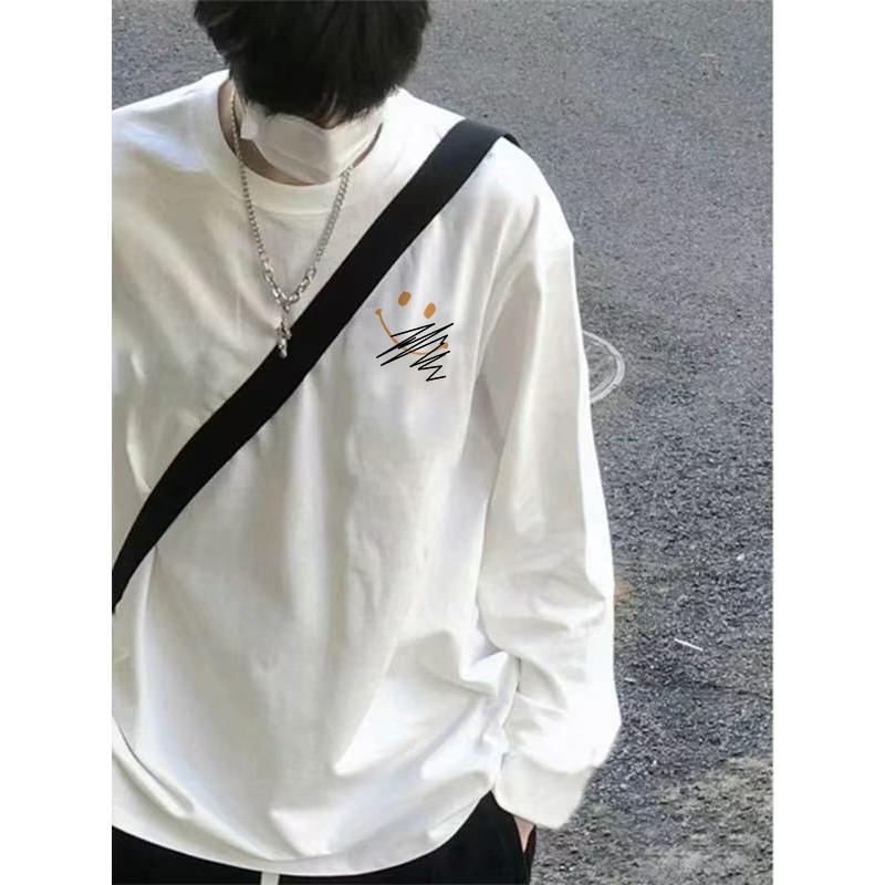 Camiseta de manga comprida de algodão puro masculino feminino estilo primavera outono ins Design nicho na moda solto est