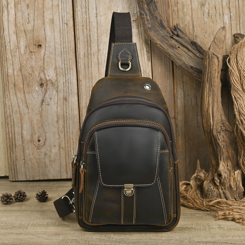 Bolsa de peito de couro genuíno feita à mão esportes masculinos na moda lazer grande capacidade Multi-bolso ao ar livre 