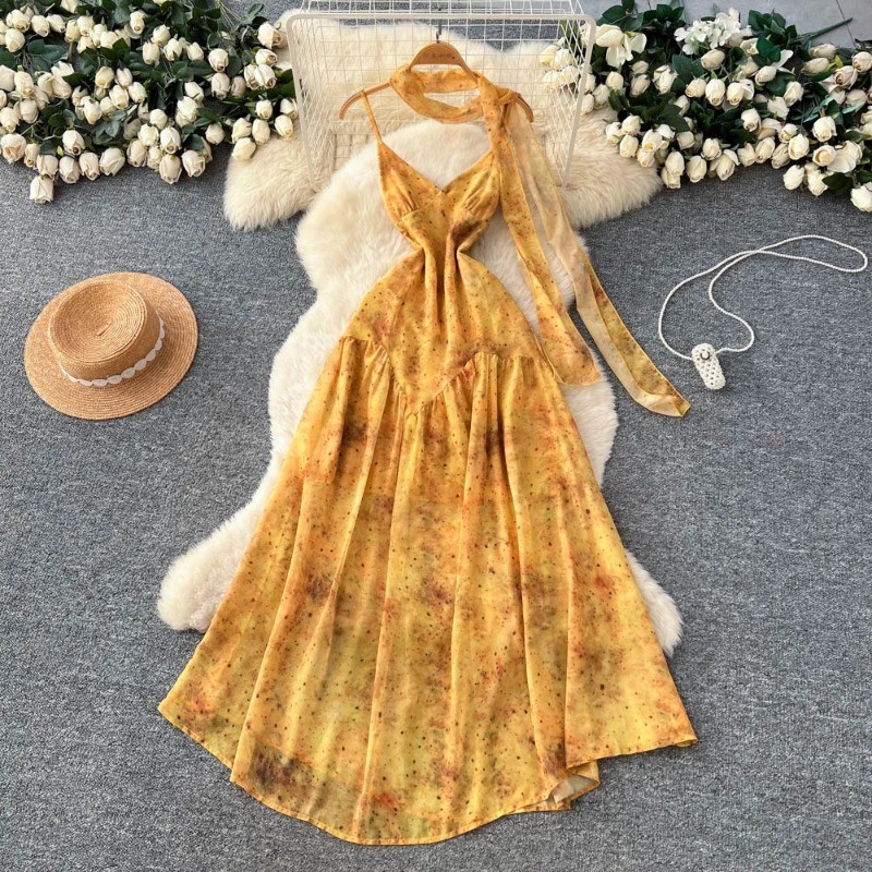 Francês Amarelo Impresso Vestido Feminino Sexy Mistura Floral Com Decote Em V Praia Vestidos Longos Senhoras Vintage Fér