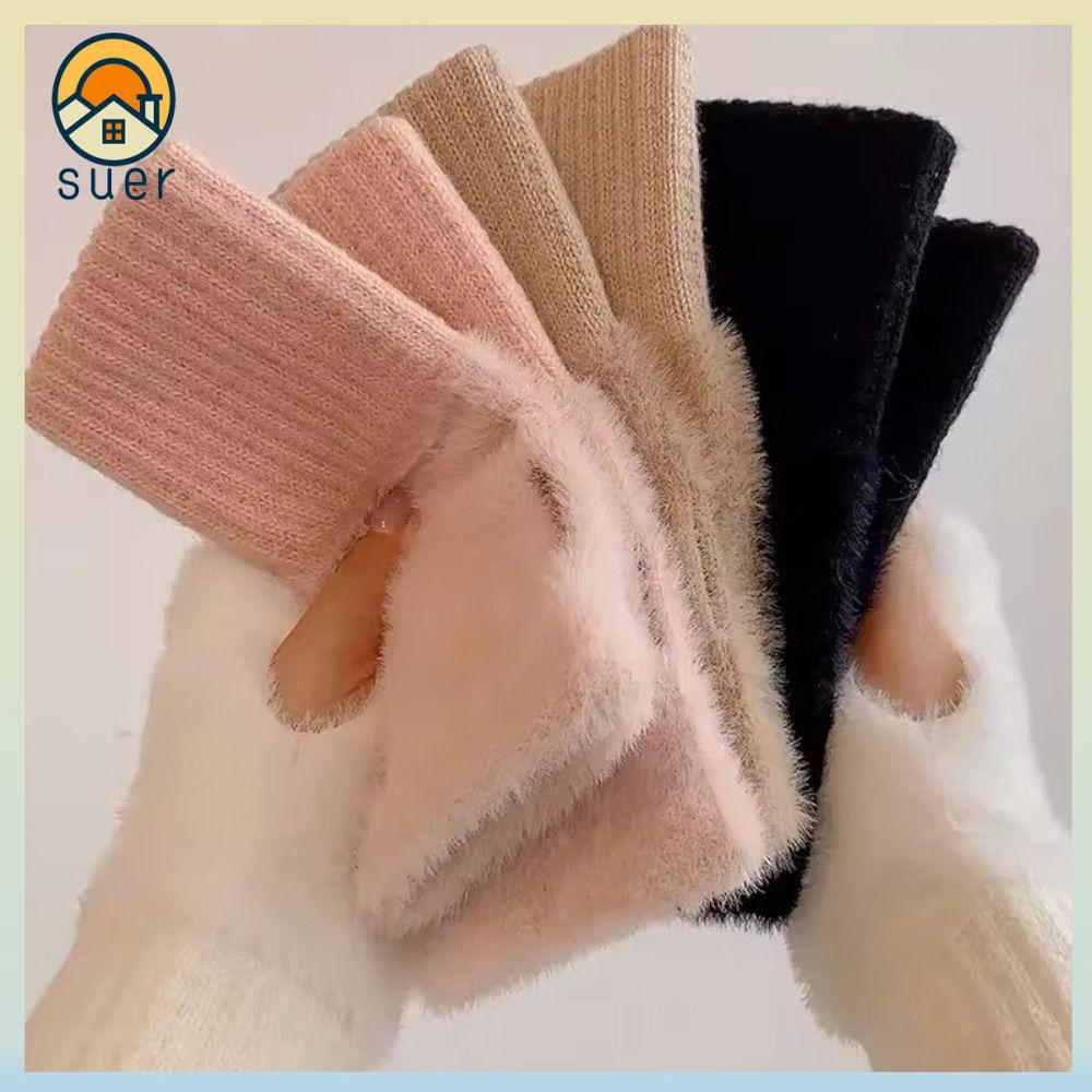 SUEBR Luvas De Malha De Pelúcia , Macias De Meio Dedo De Cores Sólidas Sem Dedos De Lã Outono Inverno