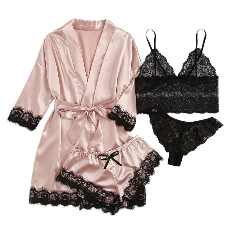 Conjunto De Camisola De Algodão De 4 Peças Com Acabamento Floral Feminino , Lingerie Sexy Robe