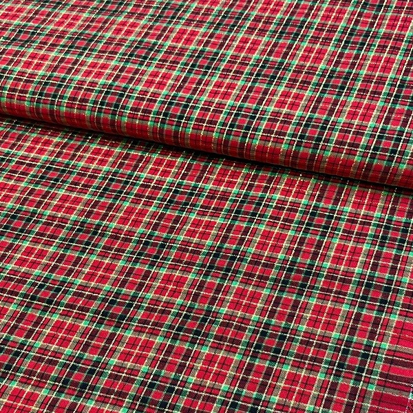 Tecido Tricoline Xadrez Natal Estilo Escocês Tradicional Vermelho Verde com Lurex