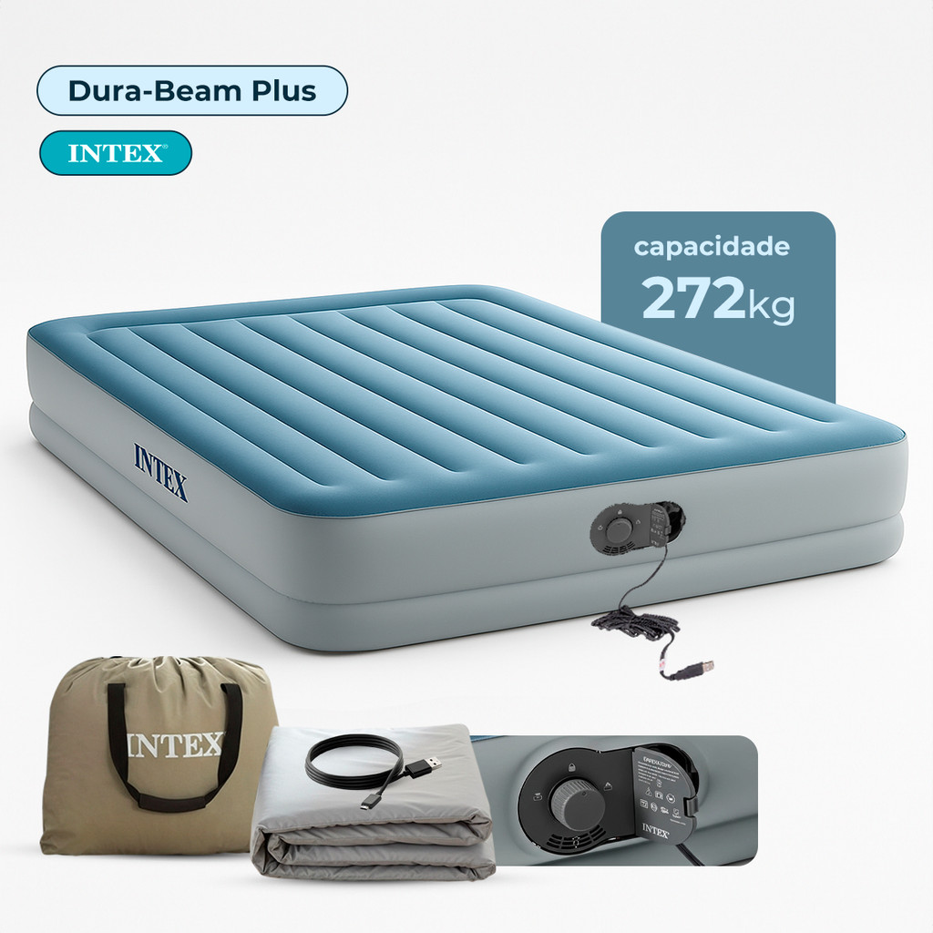 Colchão Inflável Casal Queen Com Bomba Embutida Usb Intex 64159 Azul