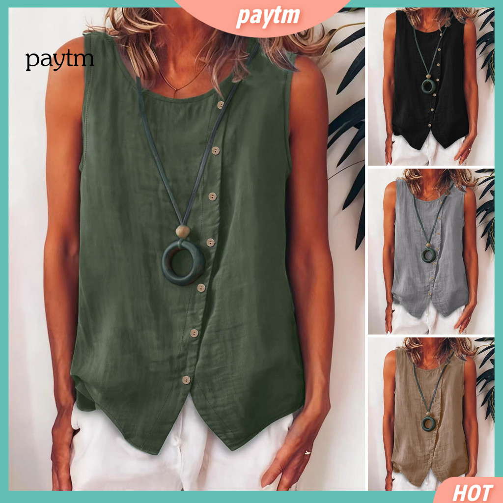 Soft Blouse Women Tee Women’s Summer Crew Neck Top Loose Fit Pullover with Side Buttons and Asymmetric Hem Solid Color