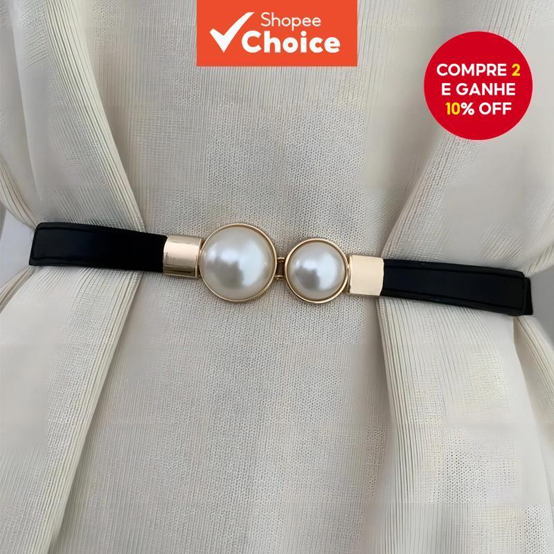 Cinto Elástico Ajustável Retrô Com Fivela De Imitação De Pérola Para Vestidos Estilo Chique De Escritório em Oferta na Shopee