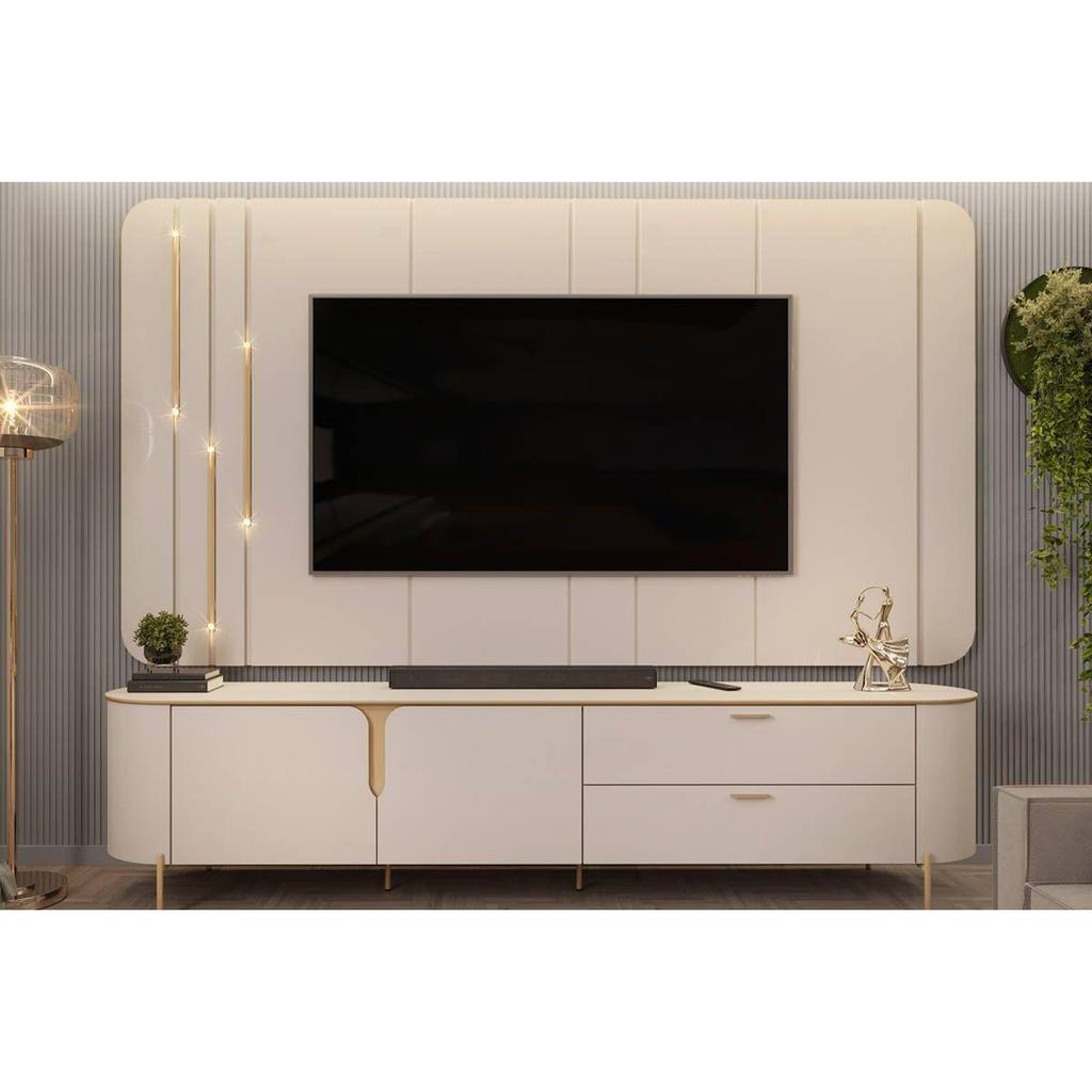 Rack Bancada c/Painel p/TV até 75 Polegadas Celine 100% MDF Led 241x189cm Off White - DJ Móveis em Oferta na Shopee