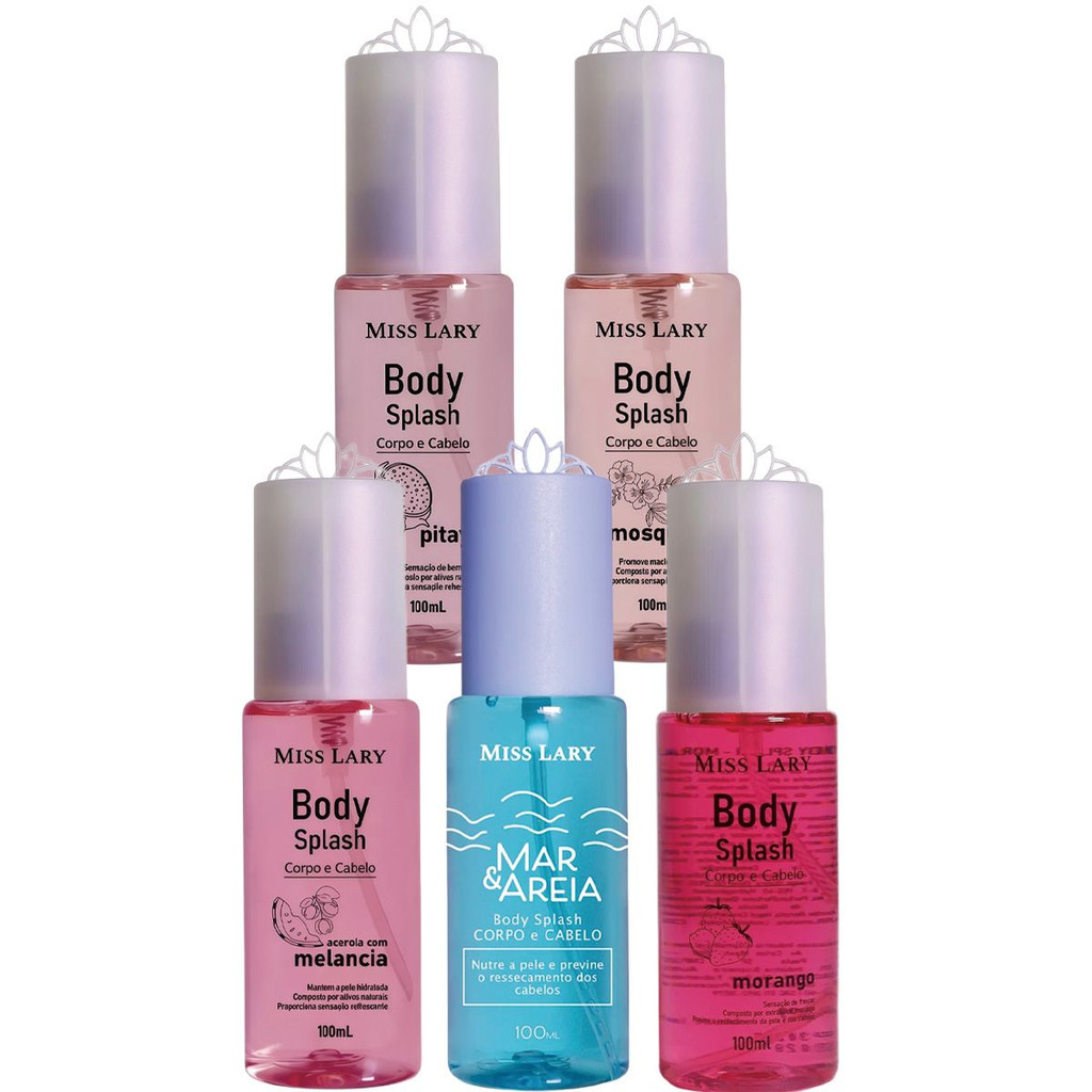 Body Splash Corpo e Cabolo Miss Lary 100ml-5 Aromas : Morango , Mar Aria , Rosa Mesquita , Pitaya , Acerola c/Melancia