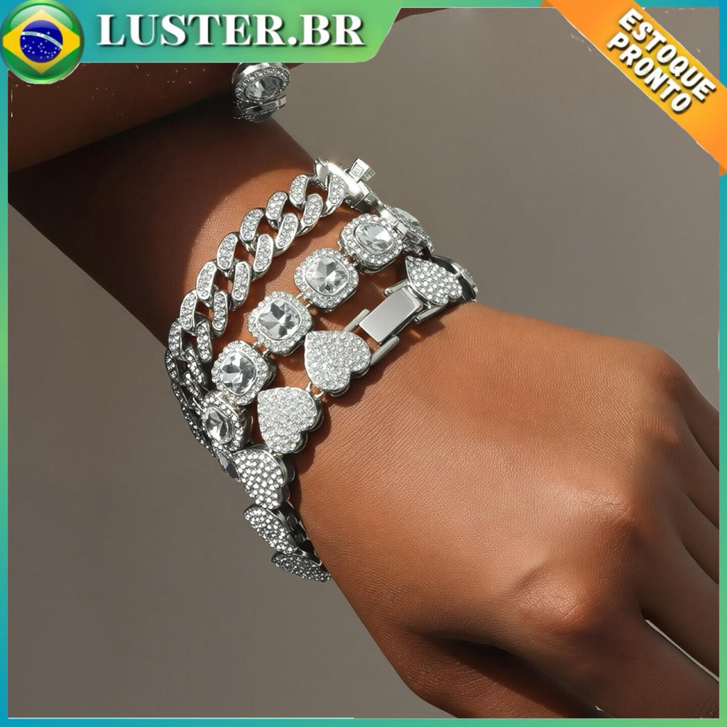 Pulseiras Cuba Redonda & Quadrada Coração Strass Brilhante Multicamadas Ouro/Prata Miami Unissex Presente Dia dos em Oferta na Shopee