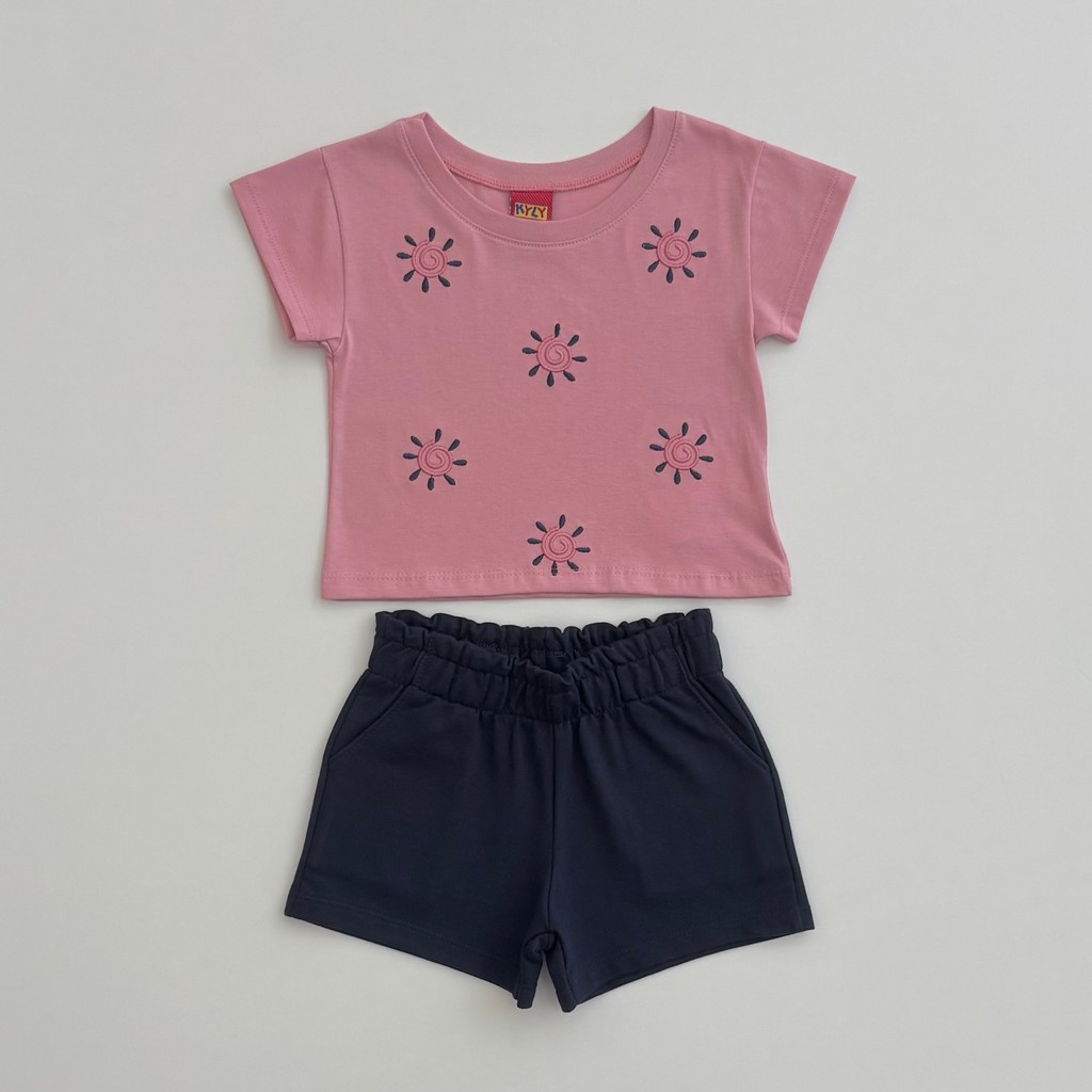 Conjunto Kyly Infantil Menina Blusa Cropped Rosa Bordado E Shorts Moletom Verão Moda Kids 1001314