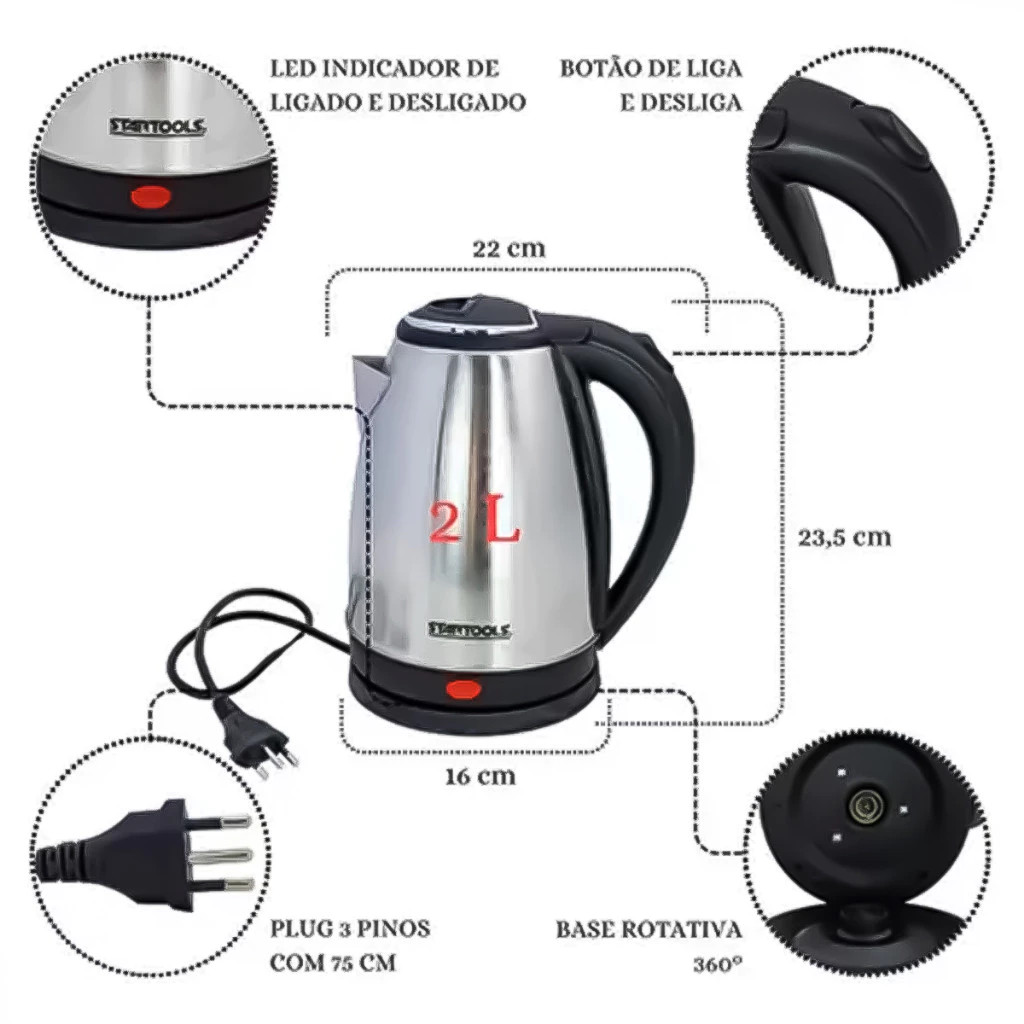 CHALEIRA ELÉTRICA INOX 1,8L C/BASE STARTOOLS 220V