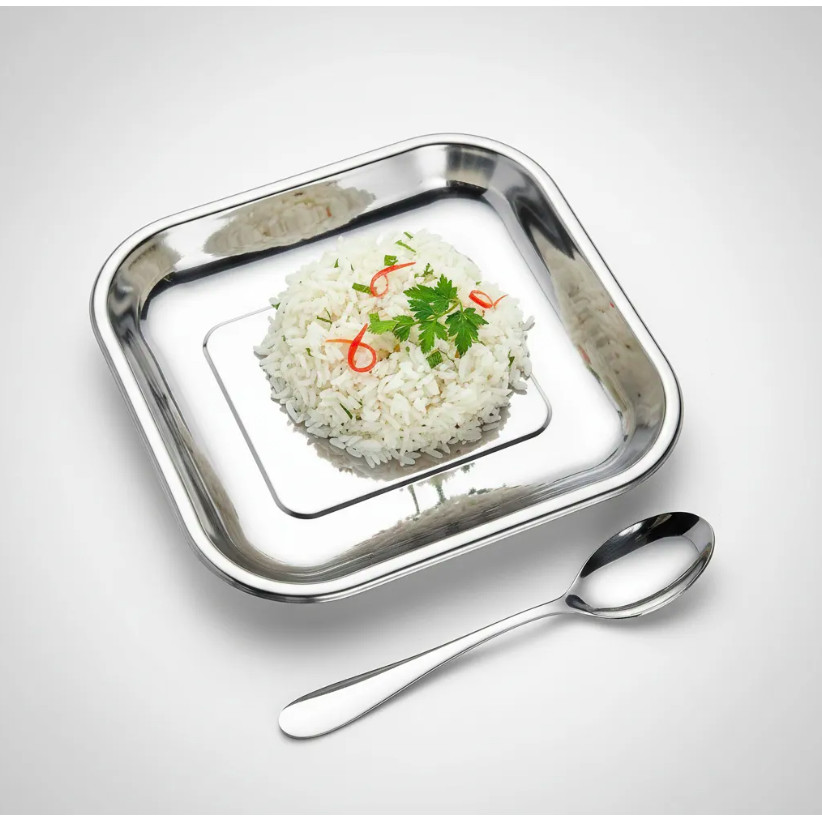 Travessa Inox Para Arroz Com Colher Saladeira Servir Bandeja Aço Inox