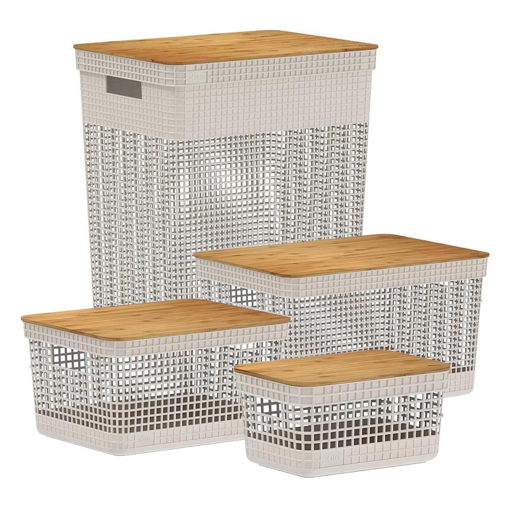 Kit de Cestos Tampa Bambu 4 Tamanhos Bege - Ou