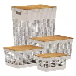 Kit de Cestos Tampa Bambu 4 Tamanhos Bege - Ou